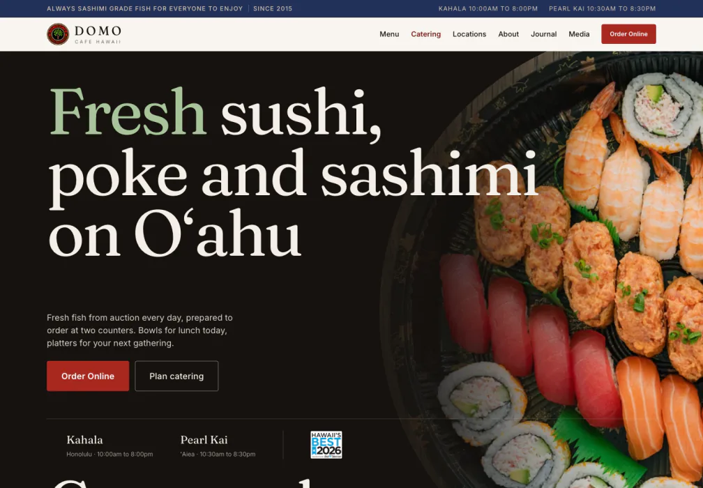 Domo Cafe website with sushi photography, online ordering and catering actions