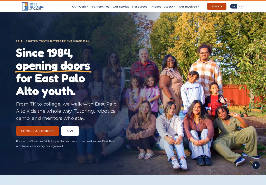 Hope Horizon website featuring East Palo Alto students and routes to enrollment and giving