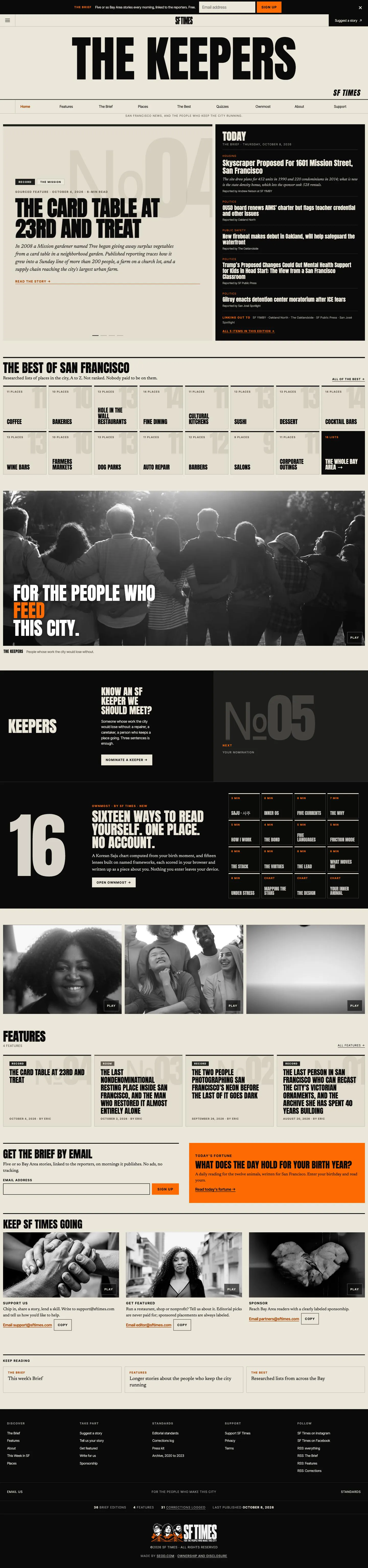 SF Times website with The Keepers masthead, navigation and story layouts
