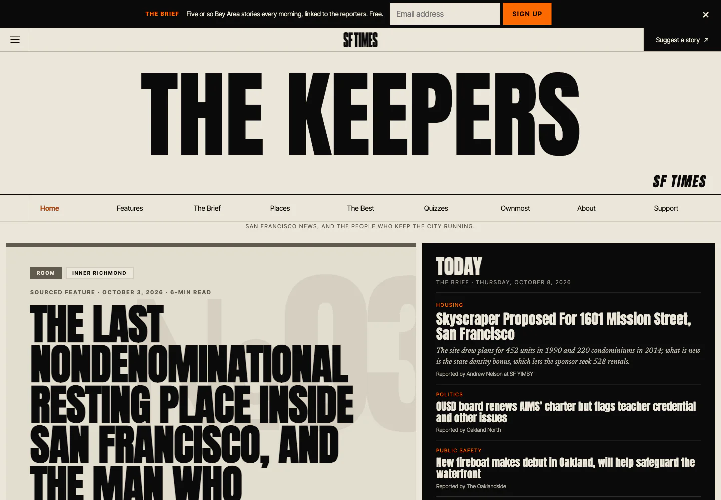 SF Times homepage showing the masthead, editorial hierarchy and stories