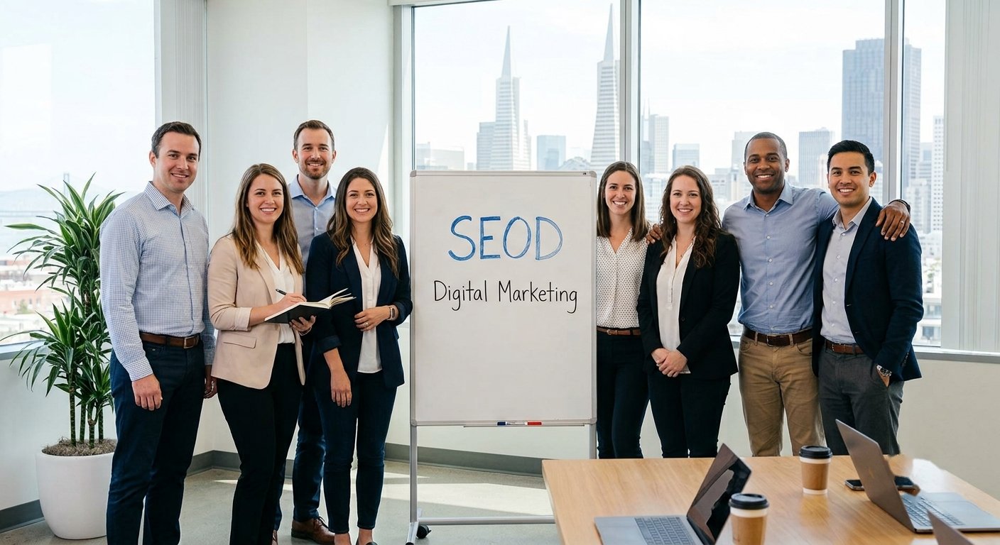 The SEOD team in the San Francisco office, Transamerica Pyramid in the background