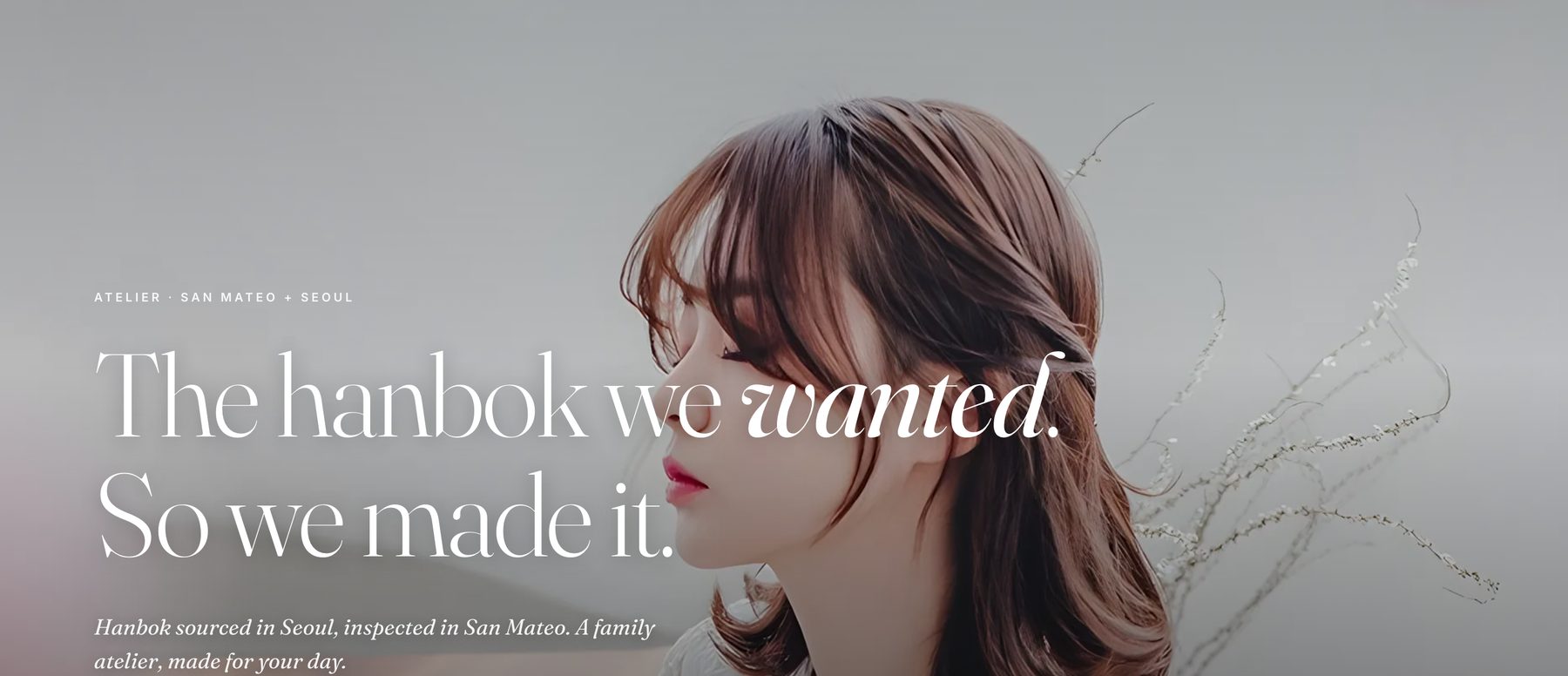 The Korean In Me homepage: an editorial headline set over an atelier portrait.