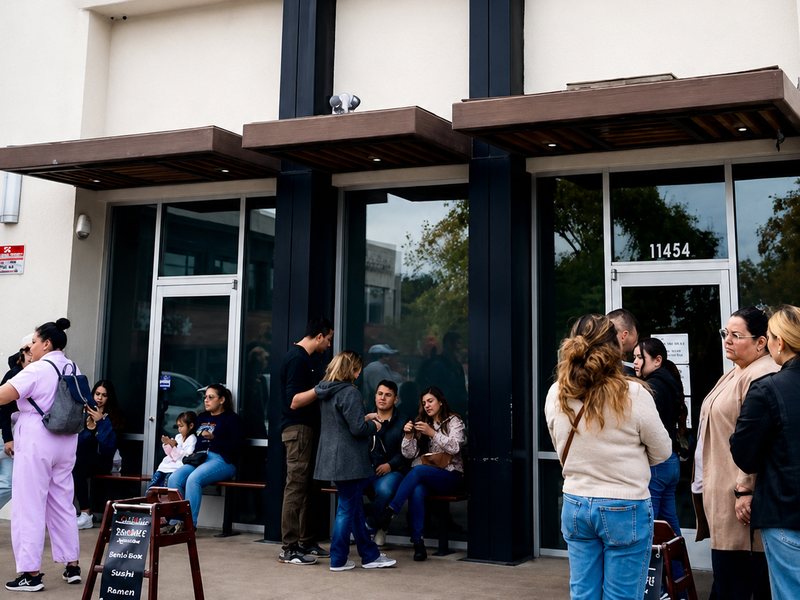 Customers waiting in line outside Sake2Me Sushi in Cerritos during service, beside a chalkboard menu.